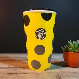 Starbucks SirenYellow Ceramic Traveler Coffee Tea Mug with Black Polka Dots 12oz